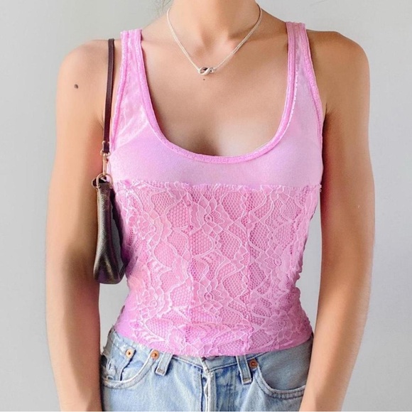 Free People Pink Lace Fairy Cottage Y2K Cami Tank Top size M NWT - Picture 1 of 5